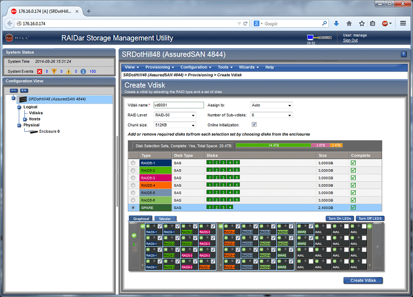 Dot Hill AssuredSAN Ultra48 vDisk Creation Interface