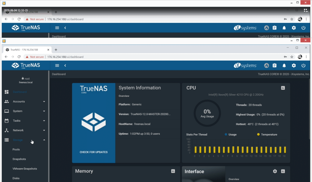 TrueNAS CORE 12 Dashboard