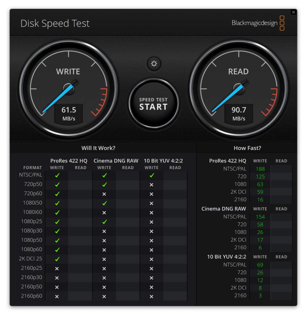 BlackMagic Samsung Evo Plus SD card performance