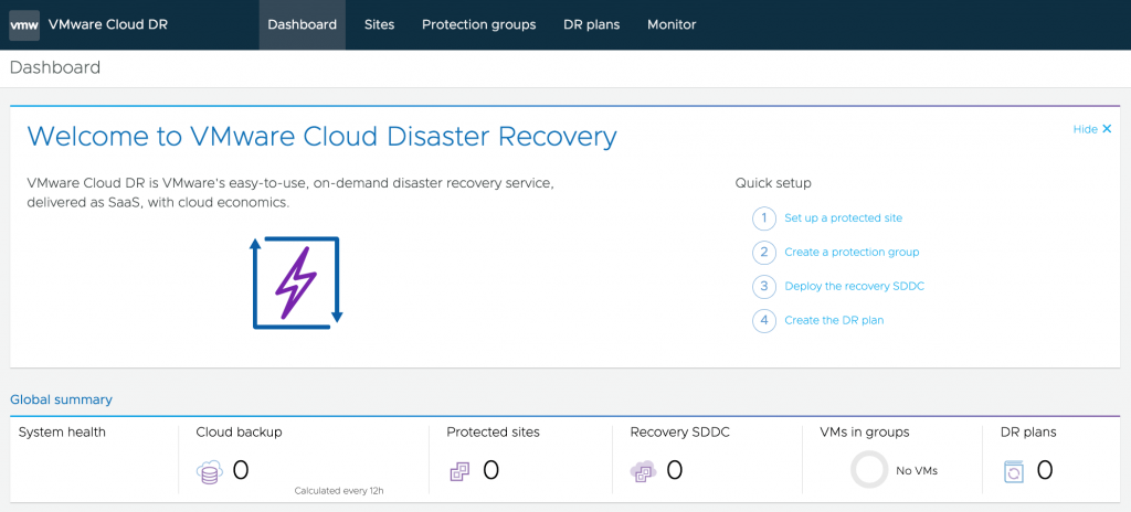 VMware Cloud Disaster Recovery UI