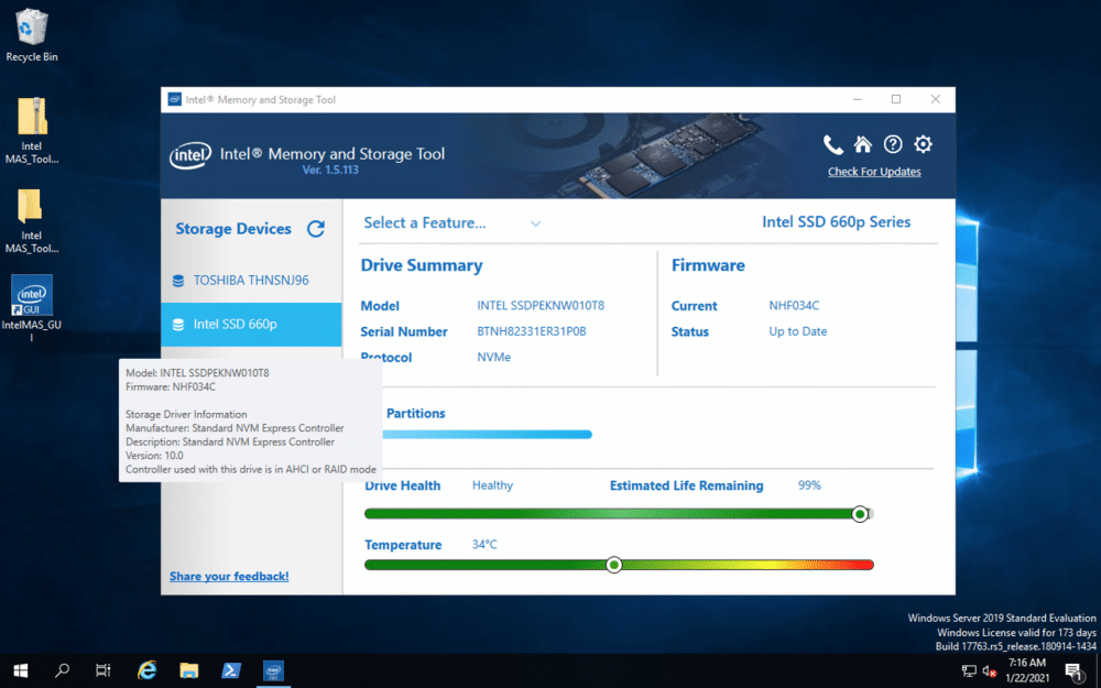 Intel Memory and Storage Tool hover