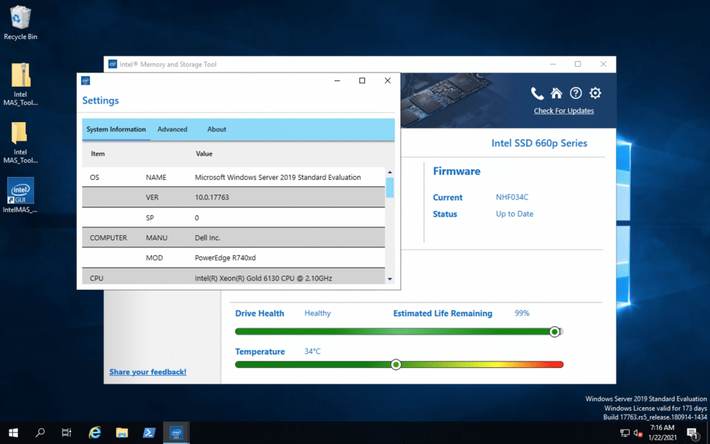 Intel Memory and Storage Tool settings