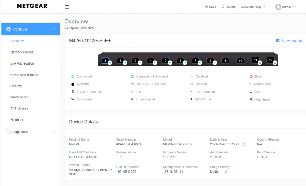 Netgear M4250 10G2F PoE+ Switch management landing page 