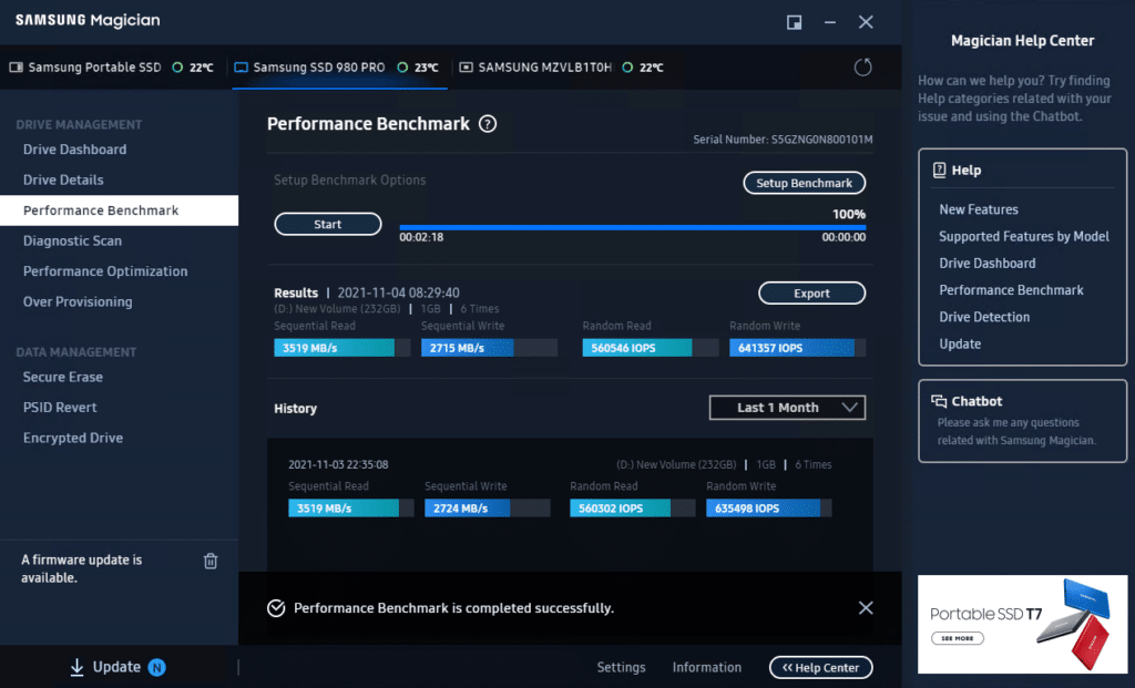 Samsung Magician 7 performance benchmark main page