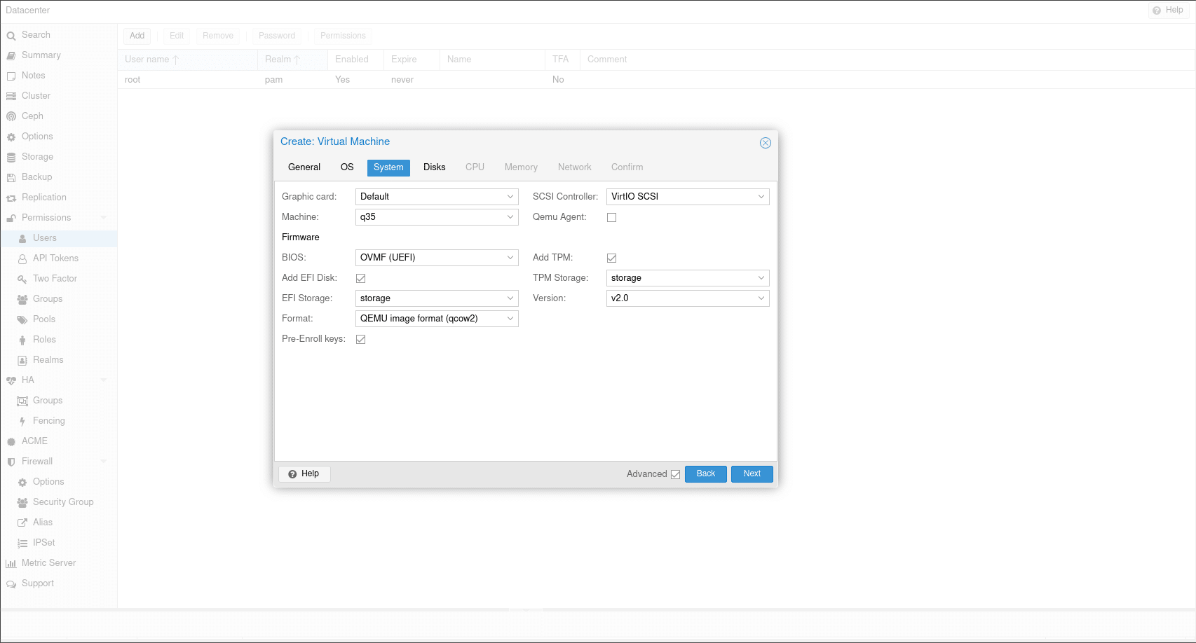 Segurança do Proxmox VE 7.1 Selecionando opções de firmware durante a criação da VM