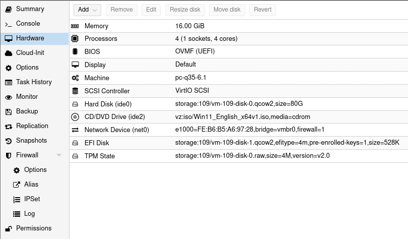 Página de hardware de seguridad Proxmox VE 7.1 que muestra EFI y TPM