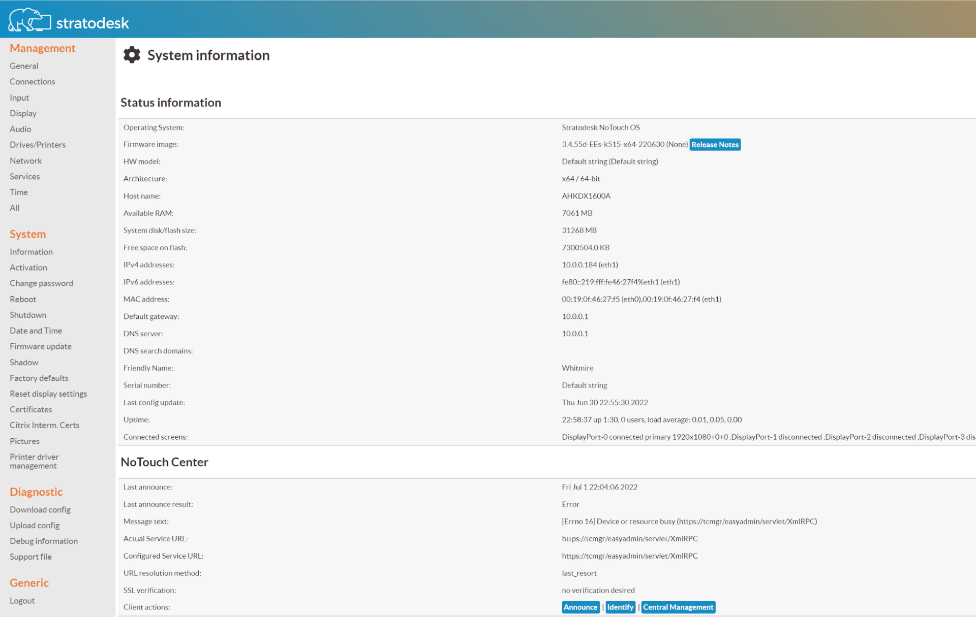 Información del sistema Amulet DX1600