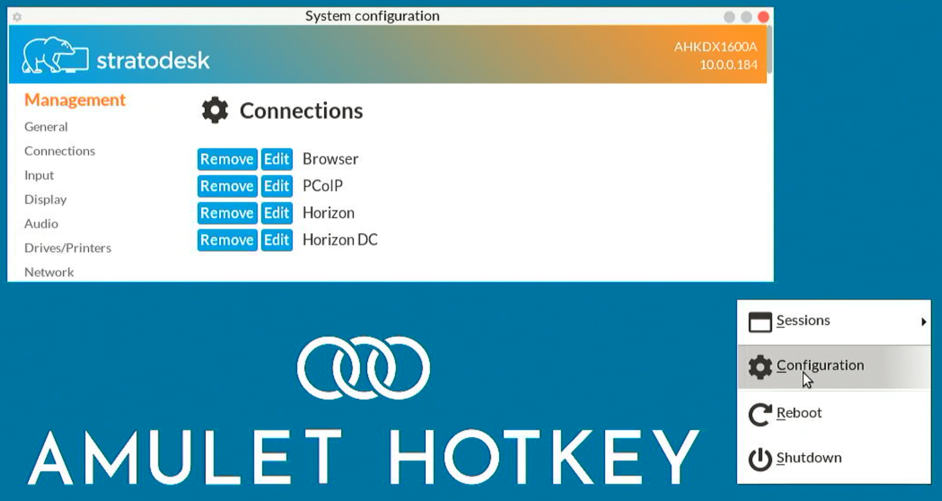 Configuration des connexions Amulet DX1600