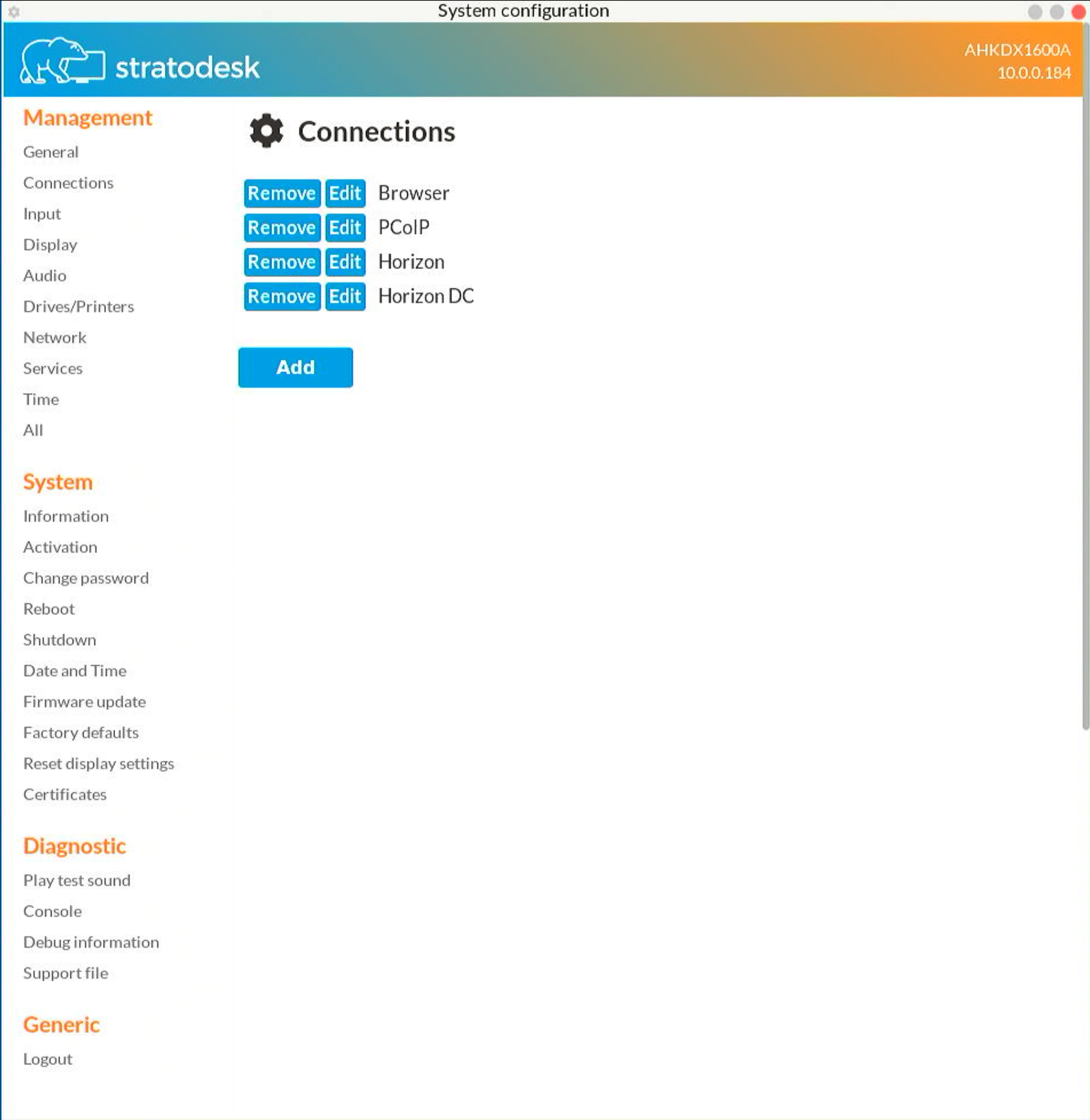 Configuration des connexions Amulet DX1600