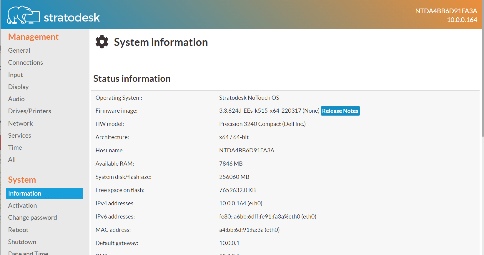 Información del sistema Amulet DX1600