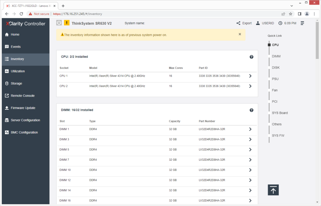 Lenovo ThinkSystem SR630 V2 XClarity Inventory Warning