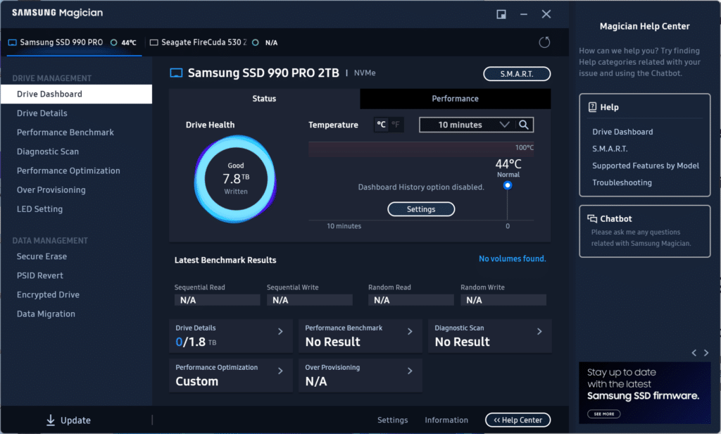 Samsung 990 Pro Magician dashboard