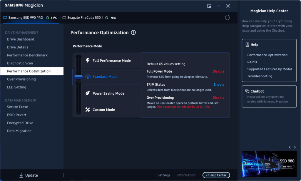 Samsung 990 Pro Magician-prestatiemodi