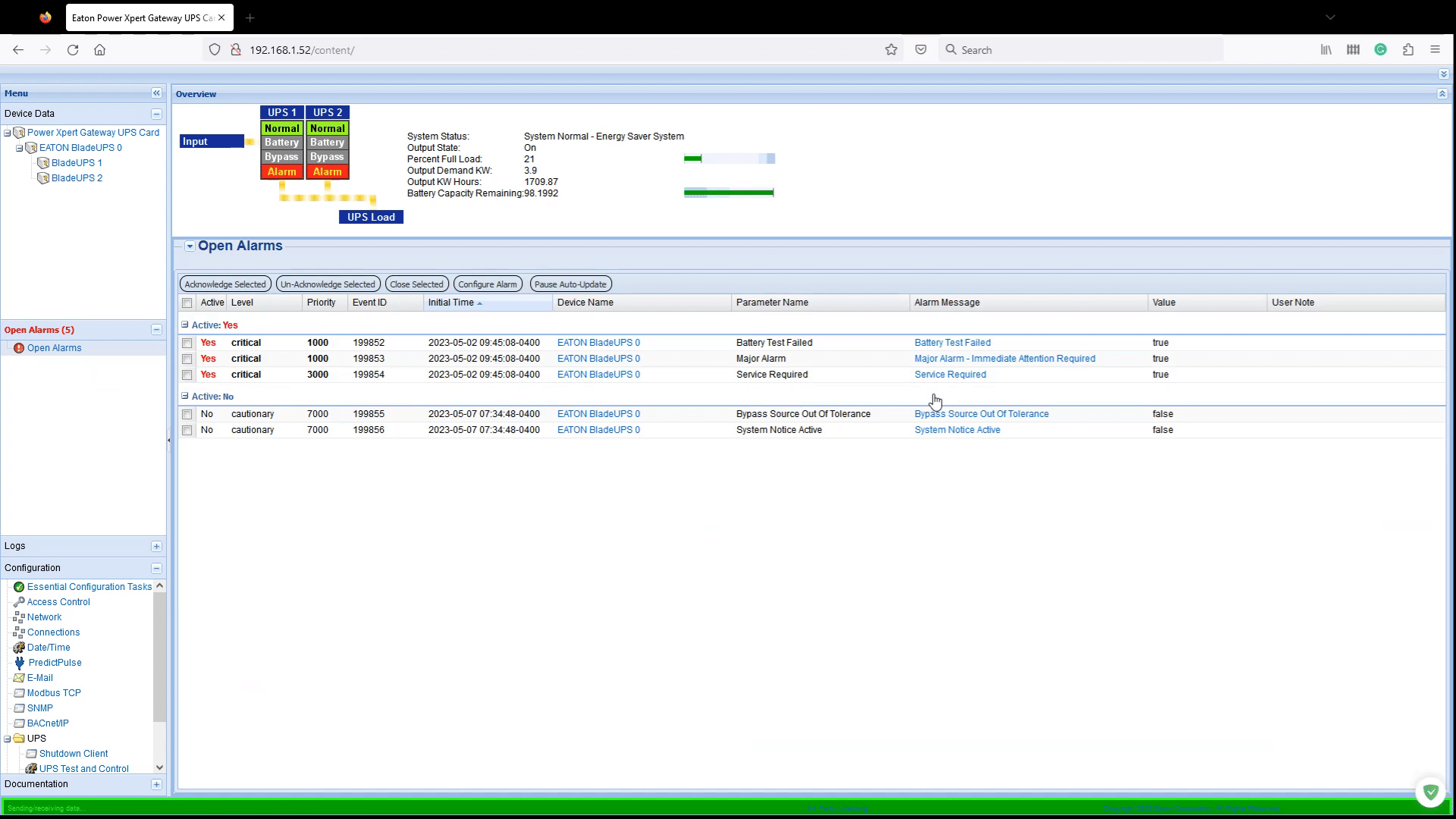 Échec du test de batterie Eaton BladeUPS