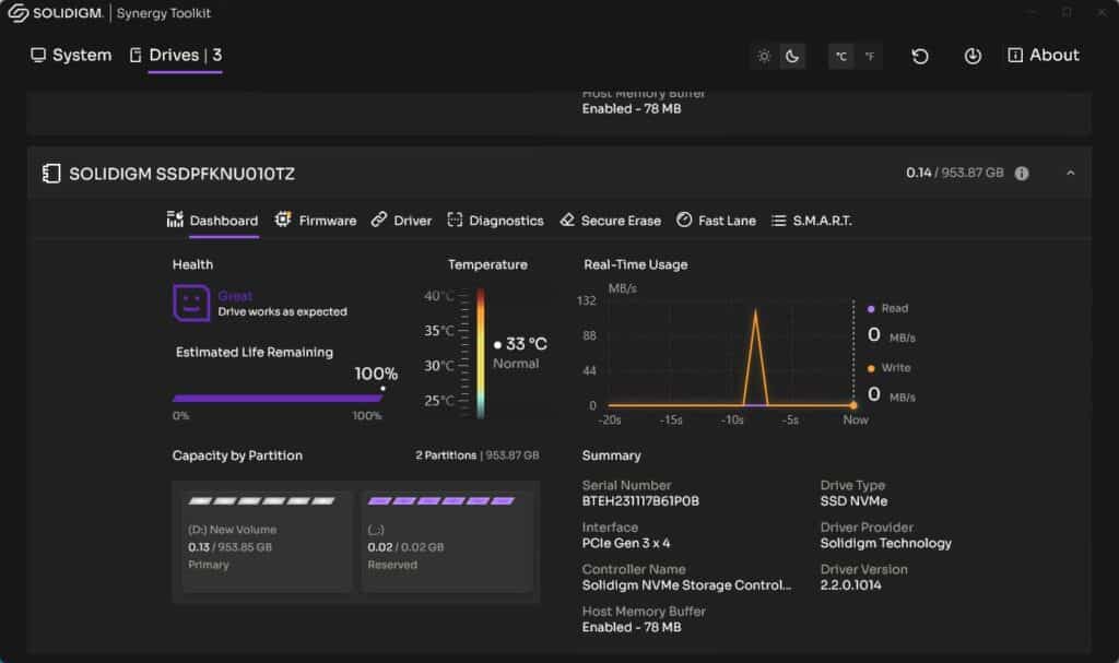 Solidigm Synergy 2.0 SSD の表示 Solidigm