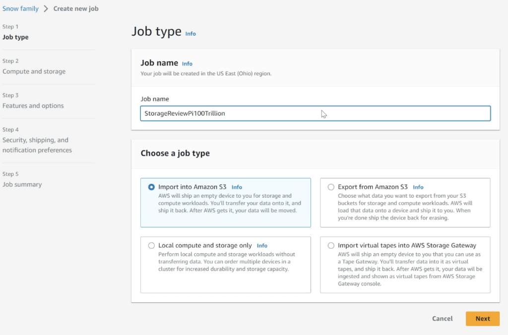 aws snowball ordering step 1