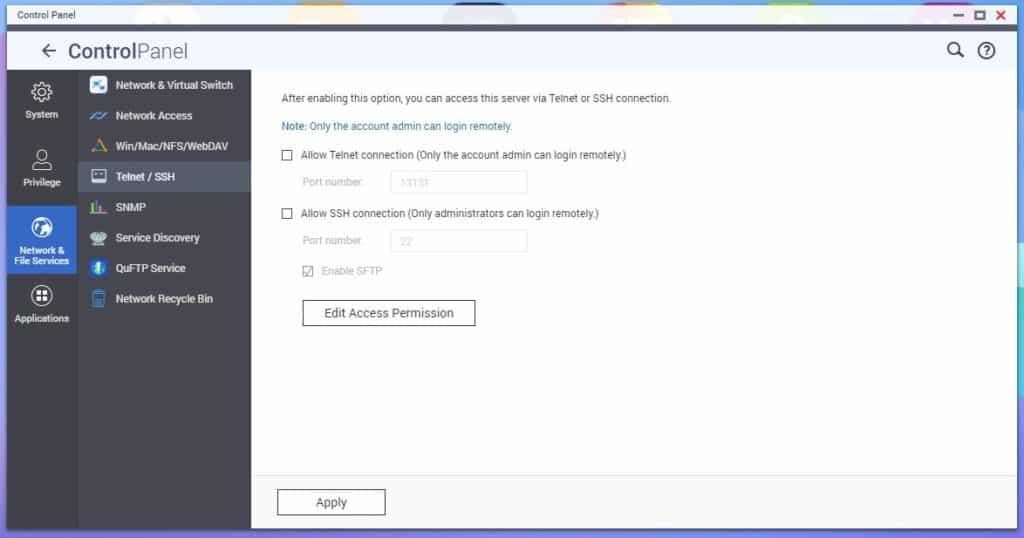 QNAP Security disable SSH and Telnet