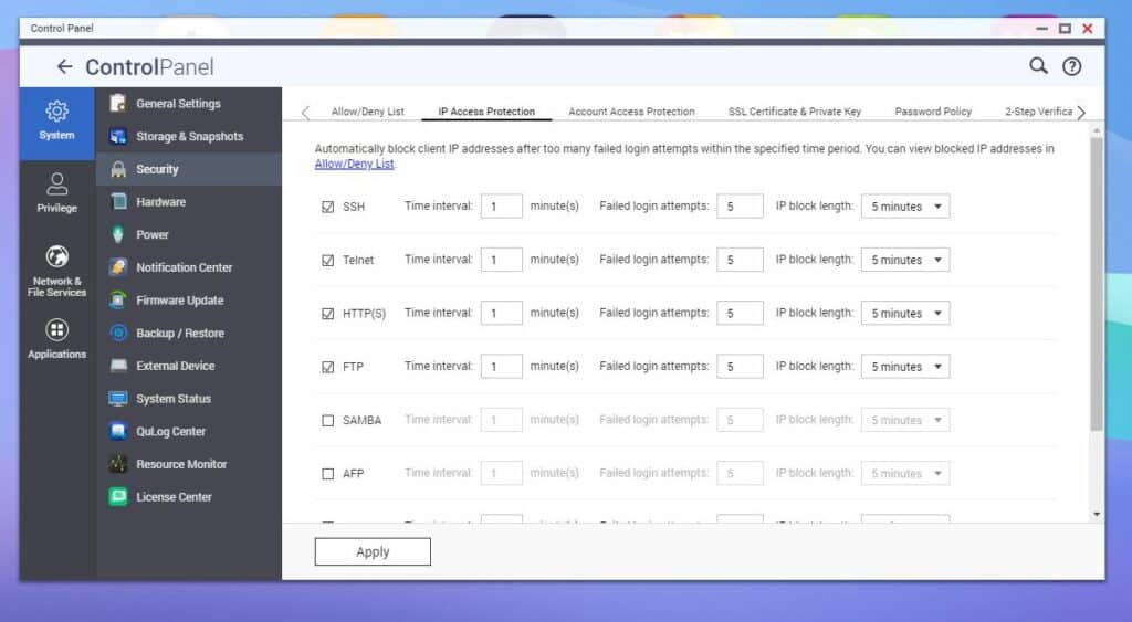 QNAP Security IP access protection