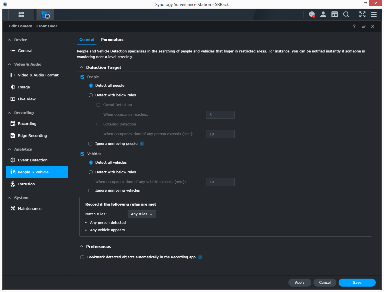 Paramètres IA de la caméra IP Synology TC500