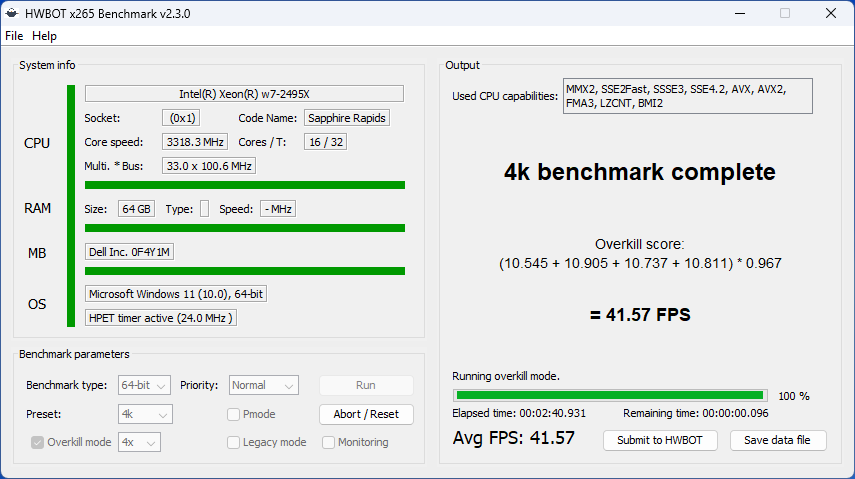 Dell Precision 5860 HWBOT x265 Benchmark