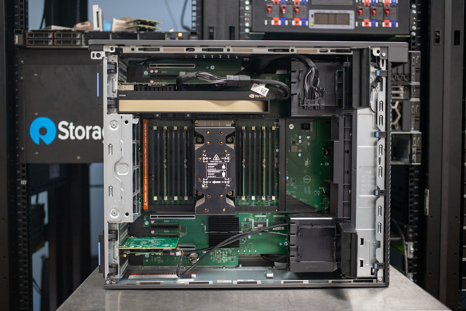 Inside view of the Precision 7960 with the side panel and internal air ducting removed, Putting the NVIDIA RTX 6000 ADA on full display.