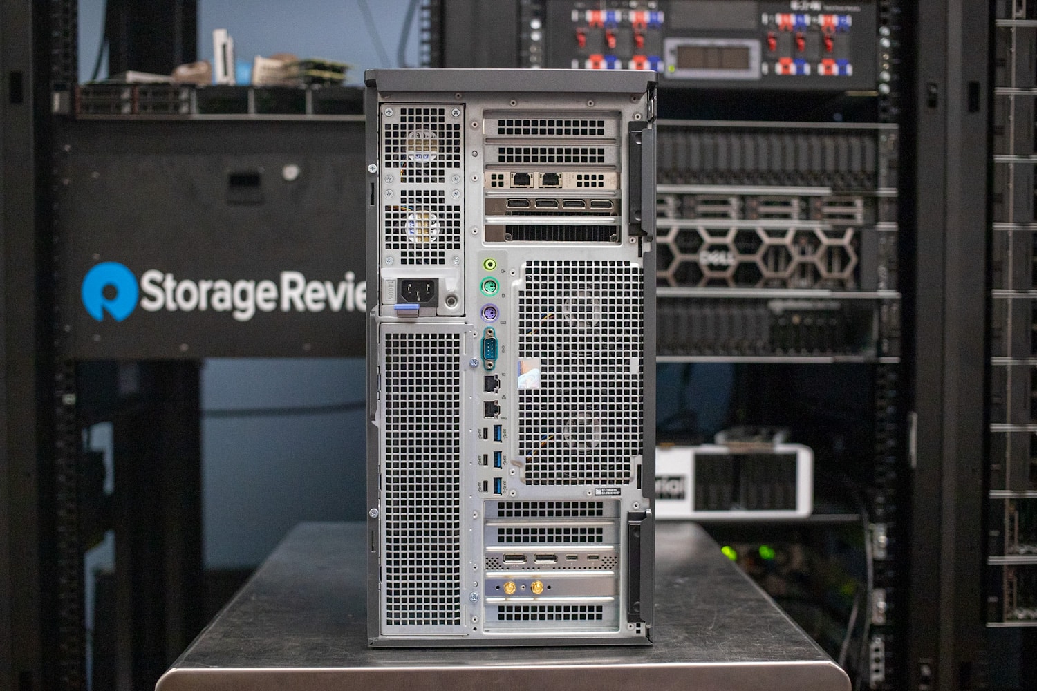 Rear view of the Dell Precision 7960 Chassis displaying the rear backplane, power supply, IO, and PCIE Card IO including the RTX 6000 ADA, and Thunderbolt 4 PCIE Card