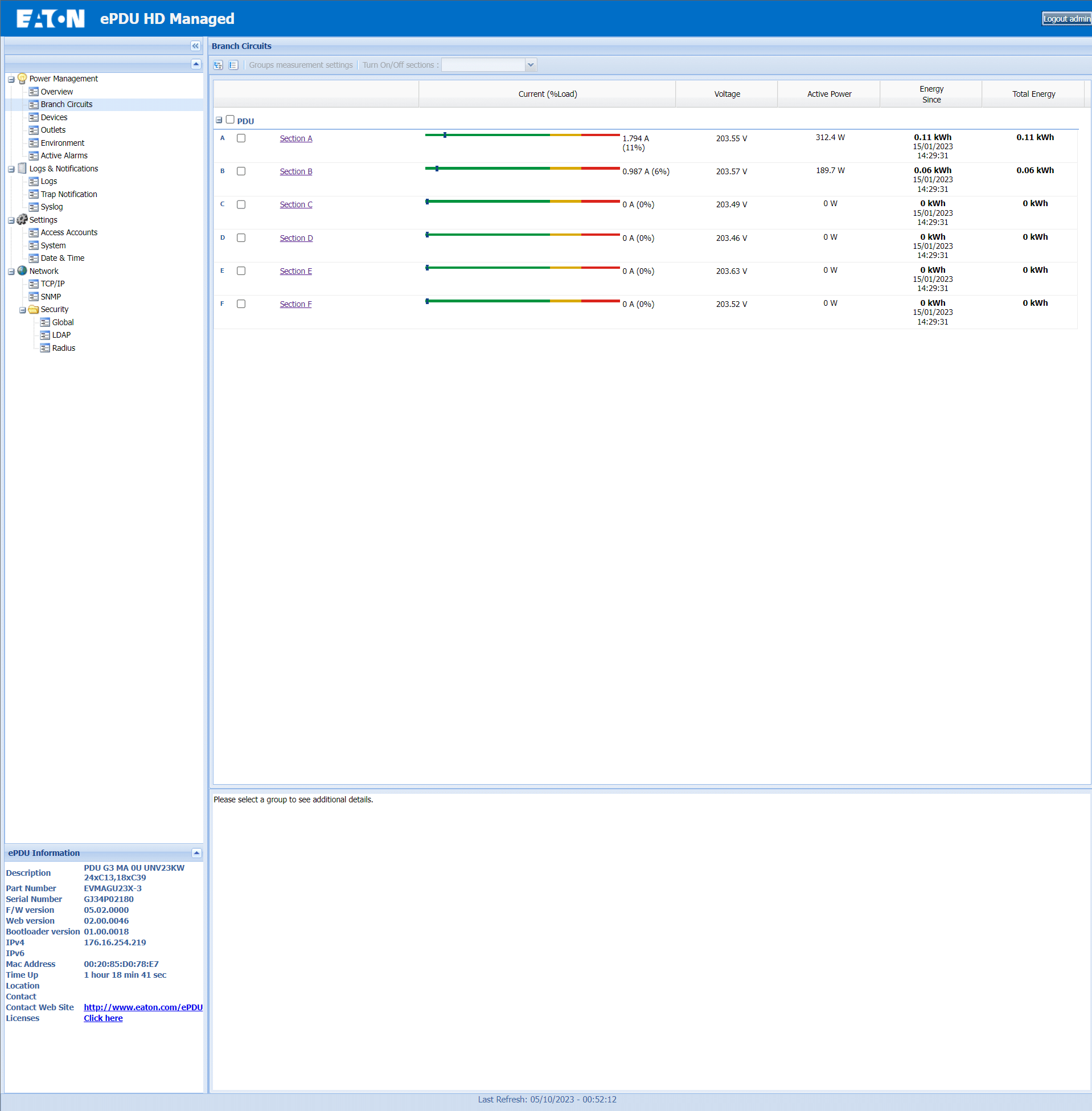 Pantalla del banco de energía ePDU