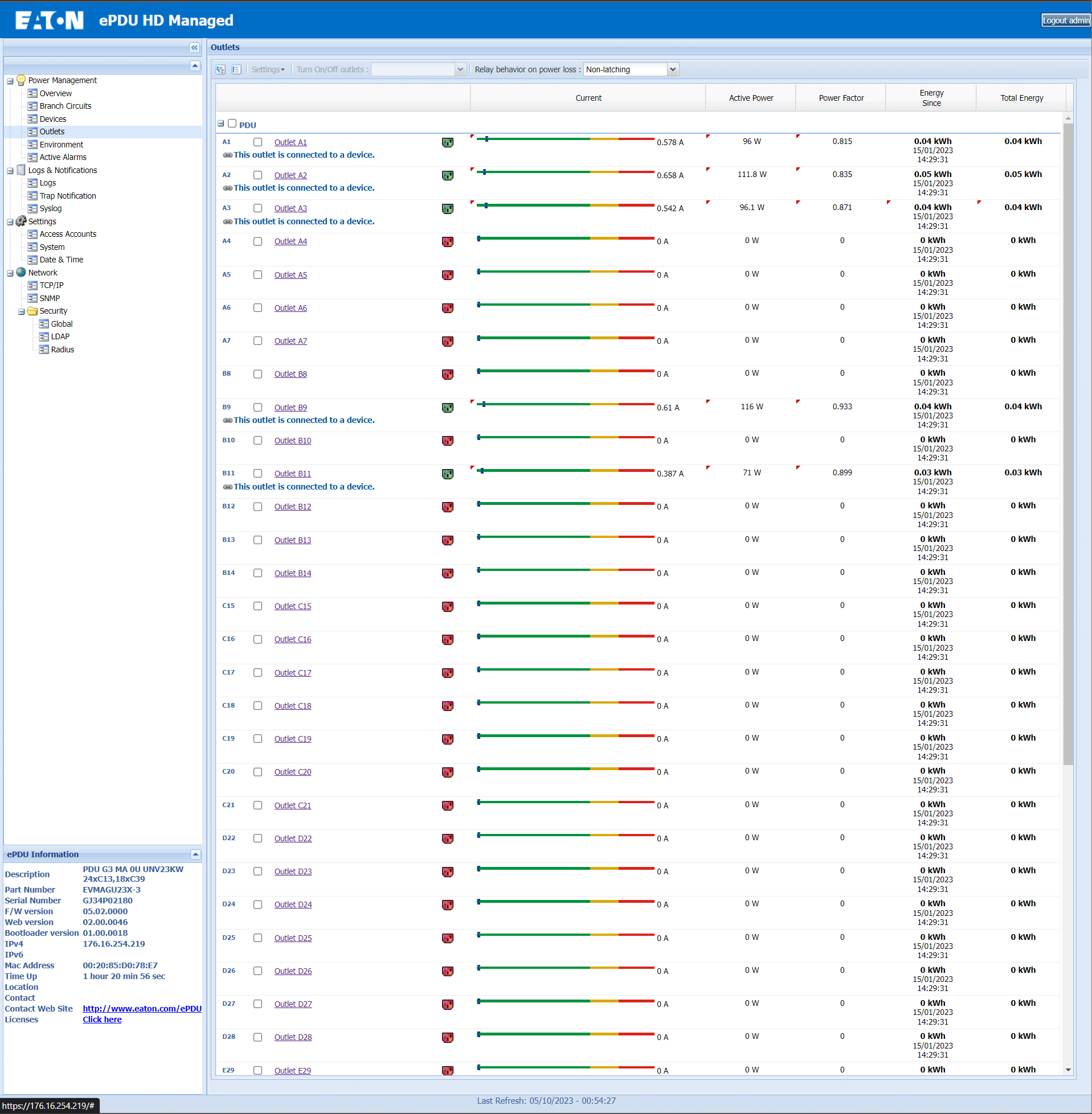 Per-outlet view in the Eaton management interface for the ePDU