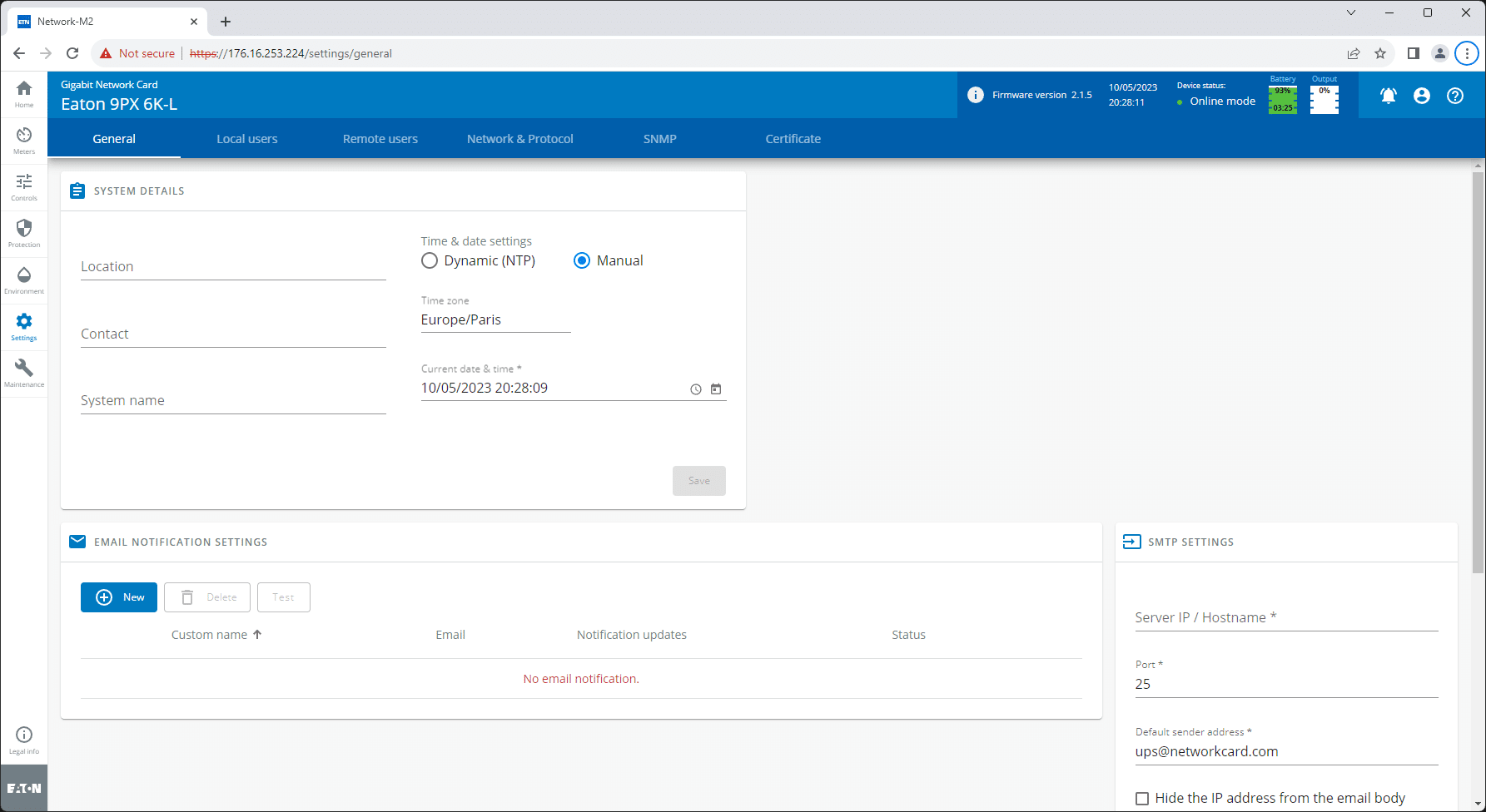 Pestaña de configuración de Eaton 9PX6K-L