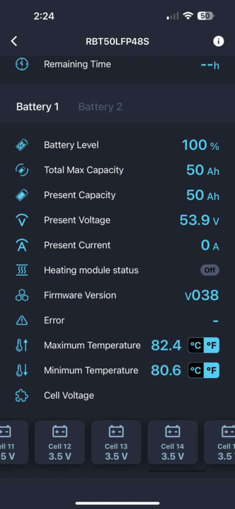 Vue batterie de l'application