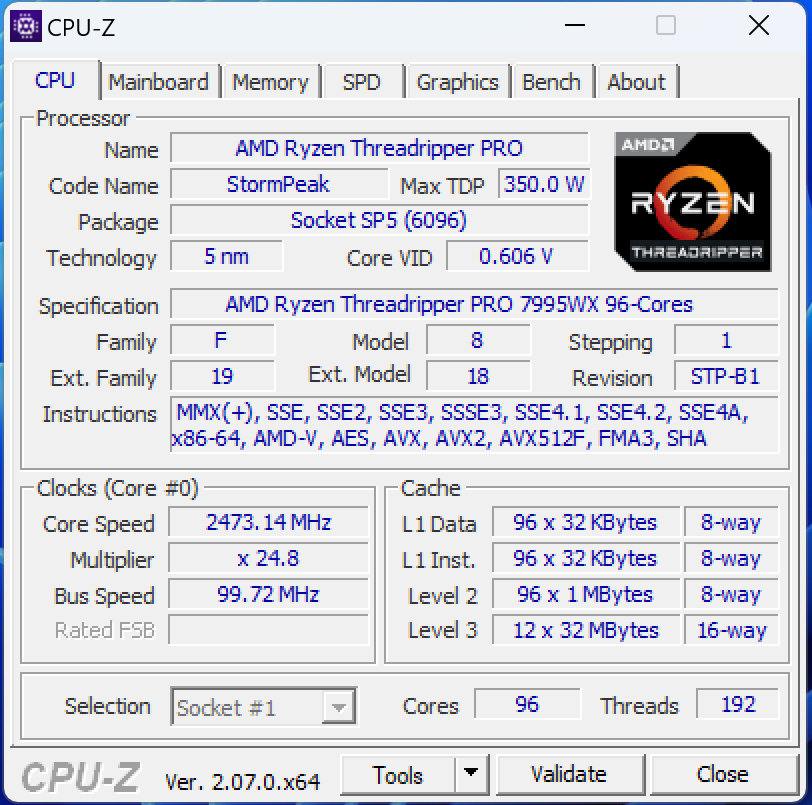 AMD Threadripper 7000 WX 系列 7995WX cpuz