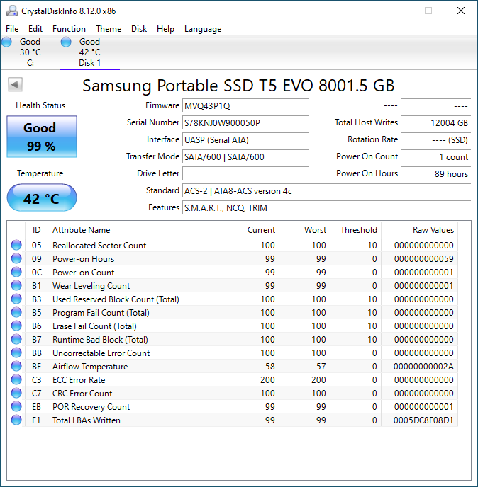 Crystal Disk Info Data for the Samsung T5 EVO 8tb 