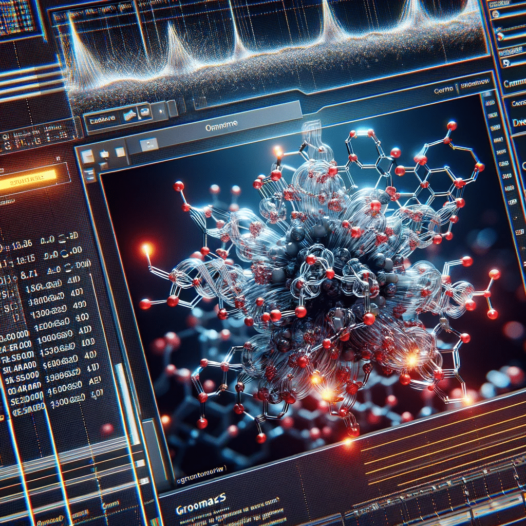 DALL·E 2023-11-03 15.08.18 - Photo depicting a high-powered computational simulation of molecular dynamics with a focus on GROMACS. The image shows a complex 3D molecular structure