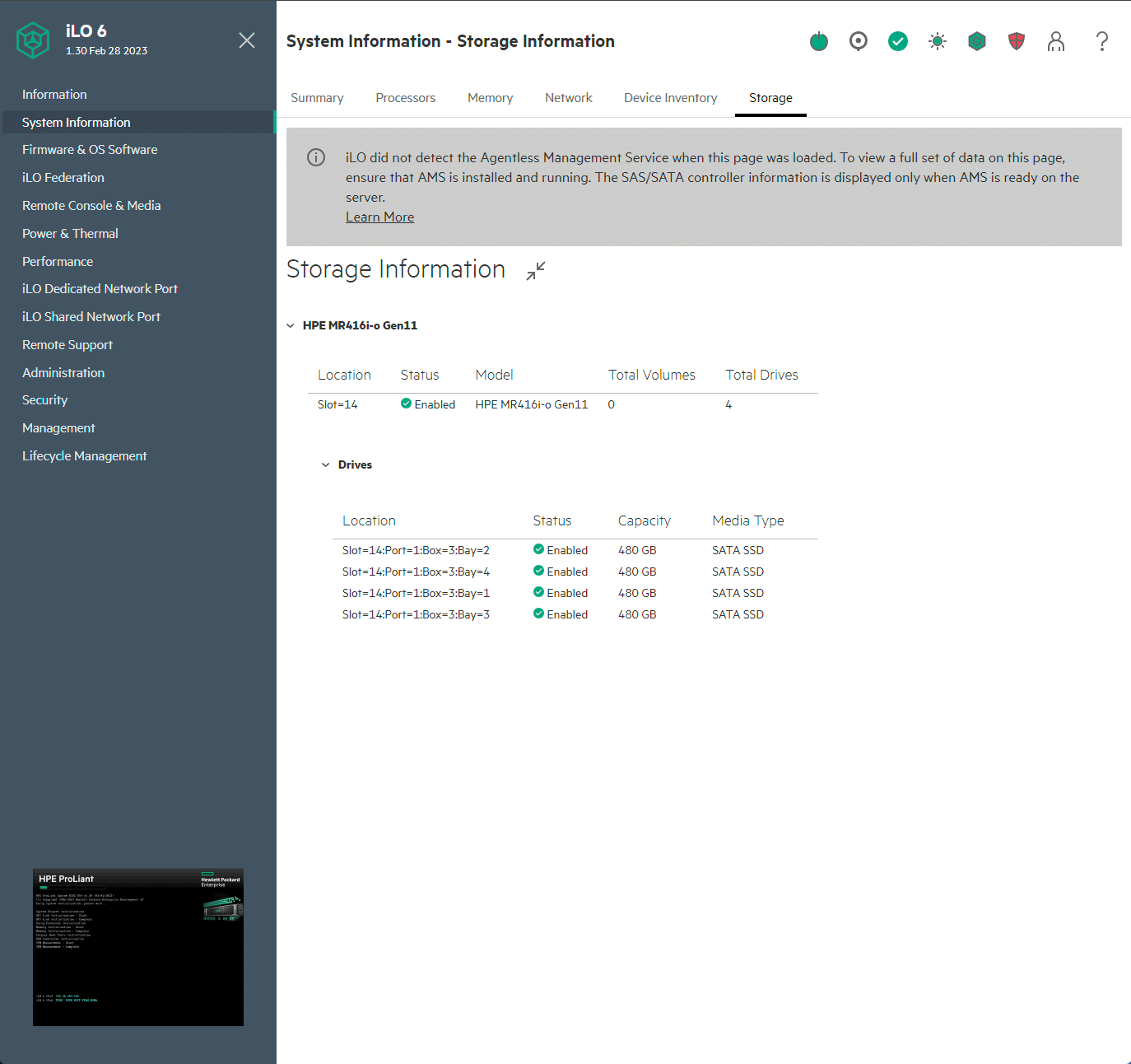 [HP ML350 ILO ストレージ] タブ