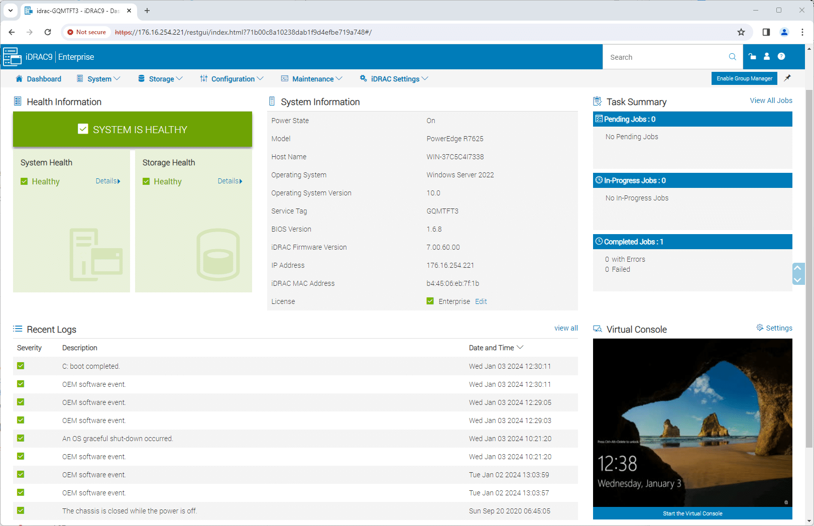 Dell PowerEdge R7625 iDRAC9 Dashboard