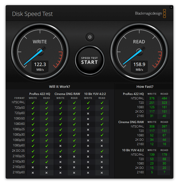 Samsung EVO Select 1TB BlacklMagic DiskSpeedTest results