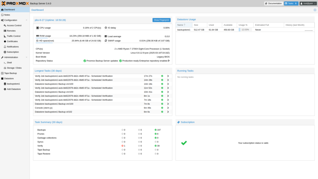 Proxmox Backup Server 3.4 Dashboard