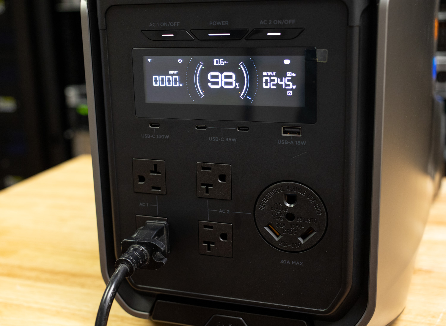 Close up EcoFlow Delta 3 Ultra Plus Front screen and plugs.
