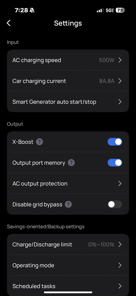 EcoFlow IOS app settings output and misc settings.