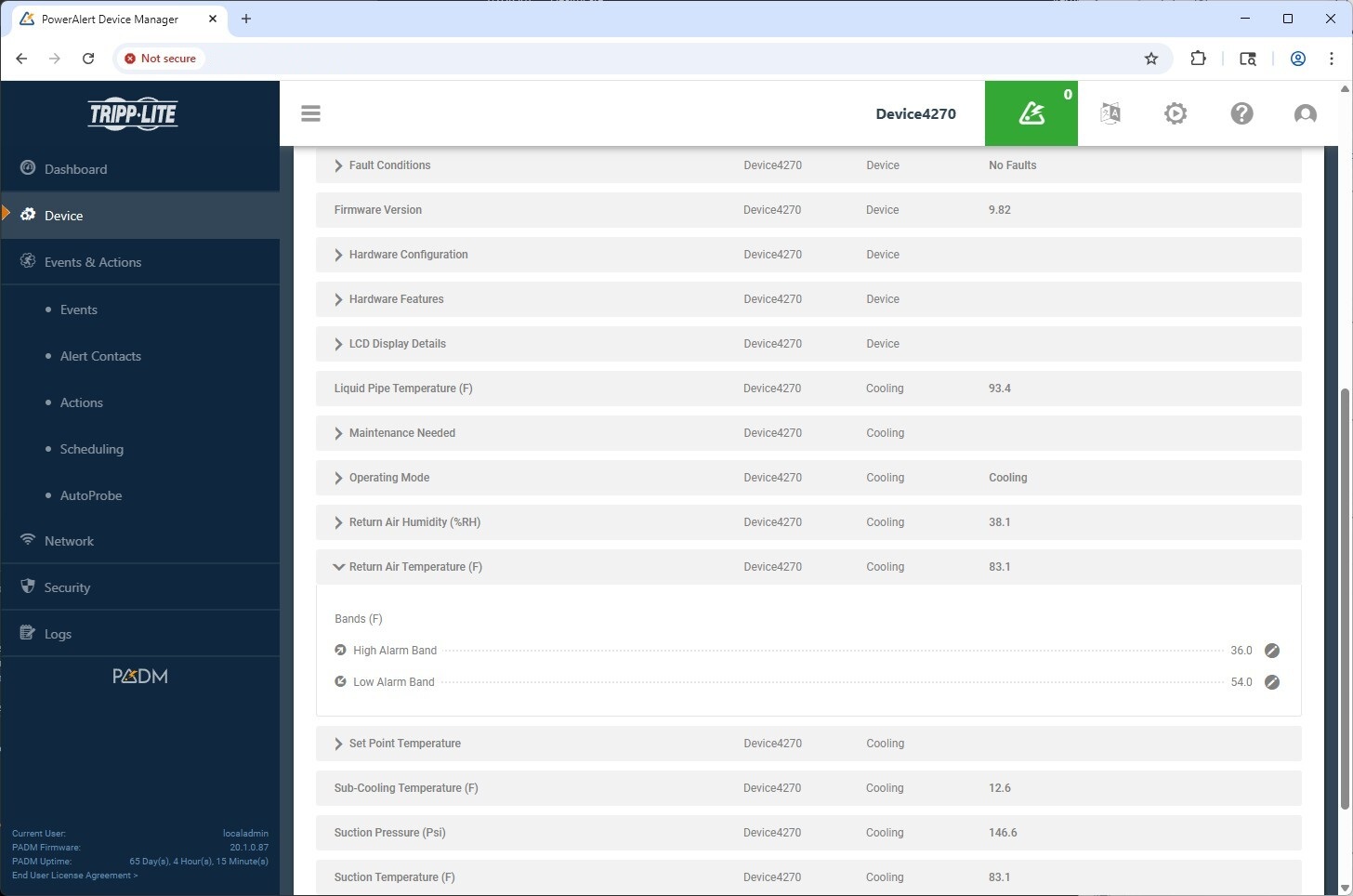 TrippLite PADM web interface device settings pane.