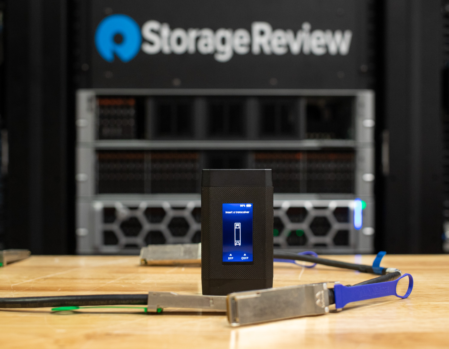 Ubiquiti SFP Wizard front view with QSFP cable.