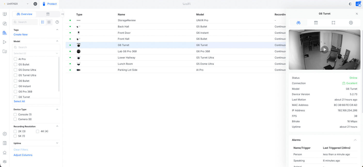 ubiquiti unifi protect software device view of g6 turret