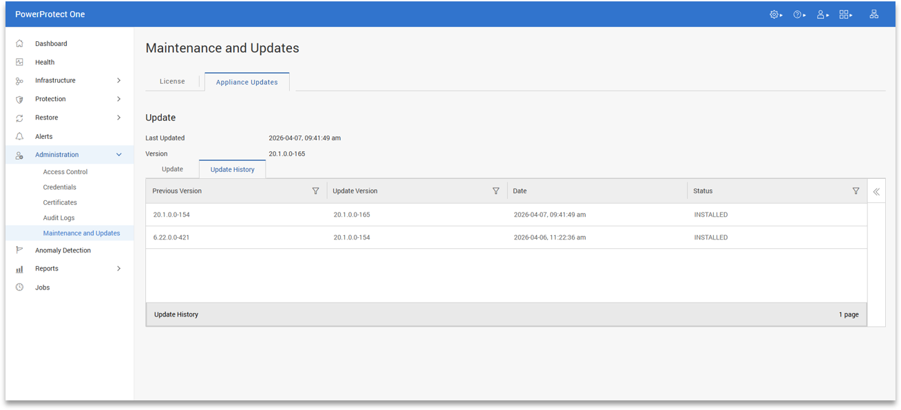 PowerProtect One Maintenance and Updates screencap
