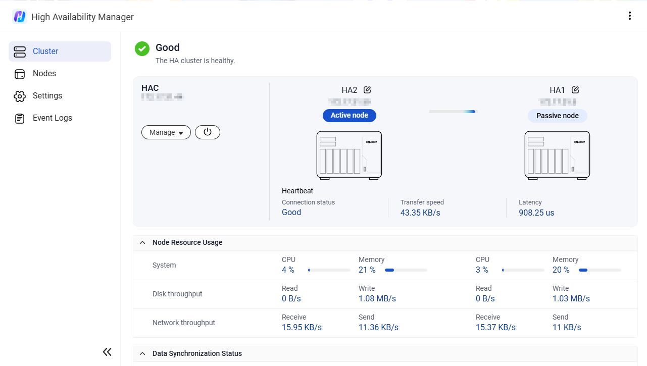 QNAP High Availability Manager in QuTS hero h6.0 showing a healthy two-node cluster with active and passive nodes