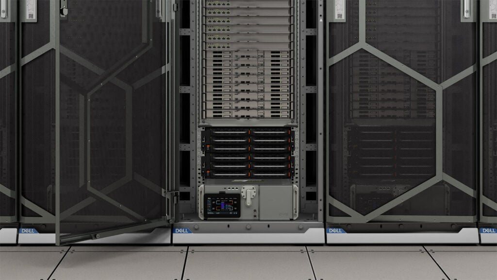 Dell PowerCool CDU installed in a rack row on the Dell Technologies World show floor