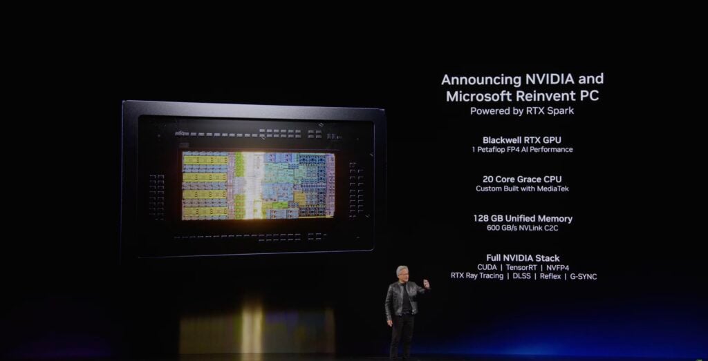 Jensen Huang on stage at Computex 2026 beside the RTX Spark superchip, with a slide listing the Blackwell RTX GPU at 1 petaflop of FP4, a 20-core Grace CPU built with MediaTek, and 128GB of unified memory on 600GB/s NVLink-C2C