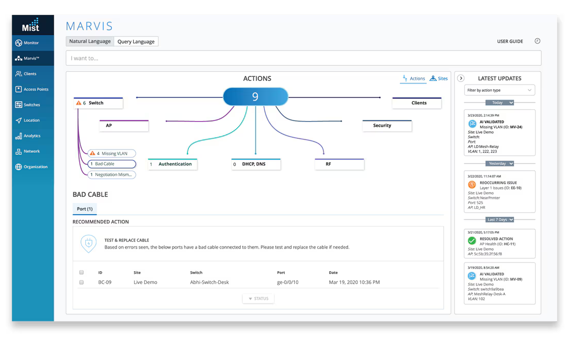 HPE Juniper Marvis dashboard