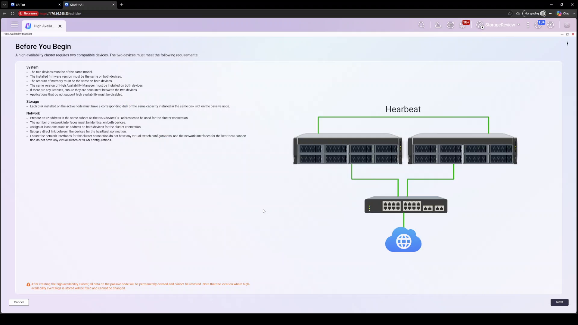 QNAP High Availability Manager wizard requirements screen showing heartbeat and cluster connection topology
