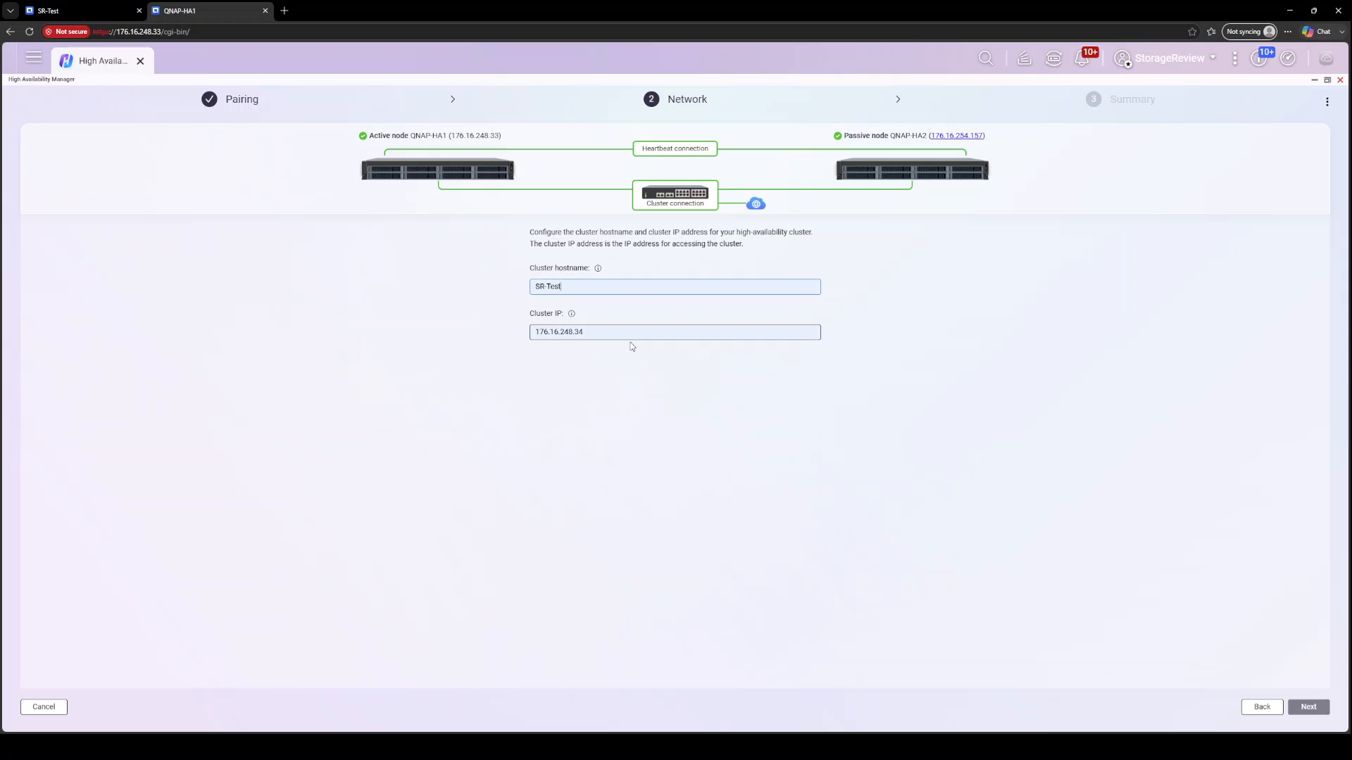 Assigning the cluster hostname and cluster IP in the QNAP HA wizard