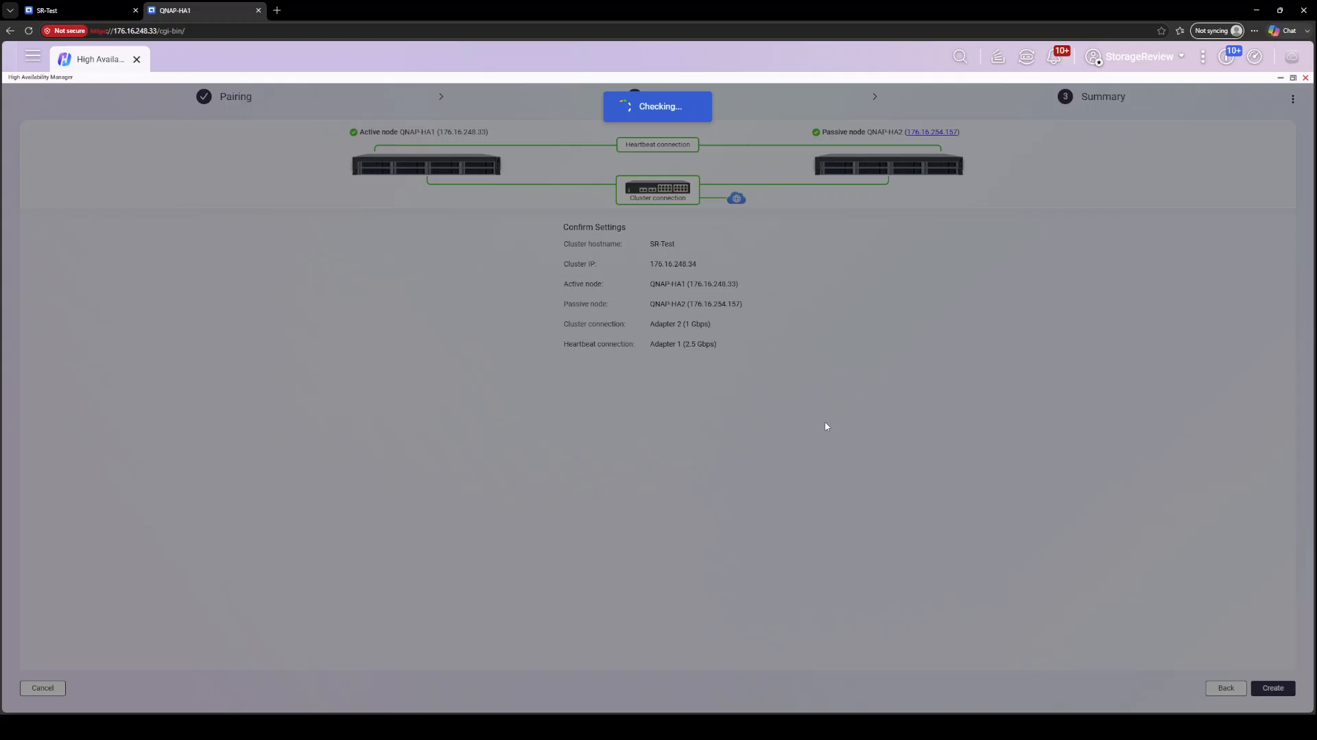 QNAP HA wizard confirmation screen listing active and passive nodes, cluster IP, and adapter roles